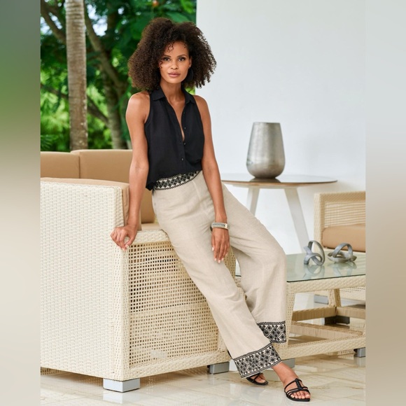 Boston Proper Malibu Embroidered Linen Pull On Crop Pant, size M - Picture 1 of 16